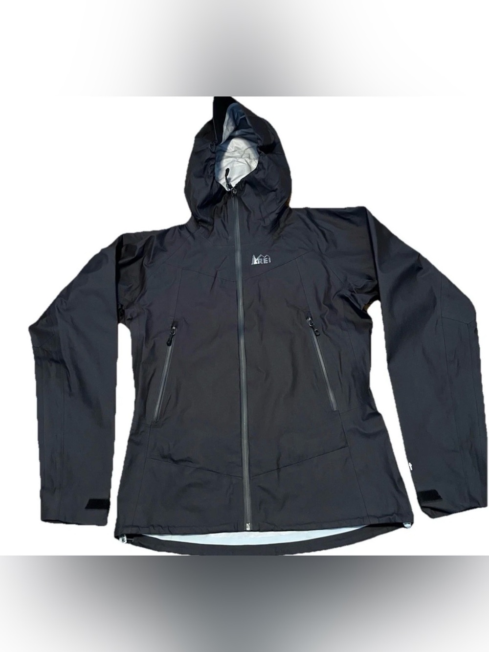 REI eVent Waterproof Black Rain Jacket Hooded w/Storm Bill -Sz L
